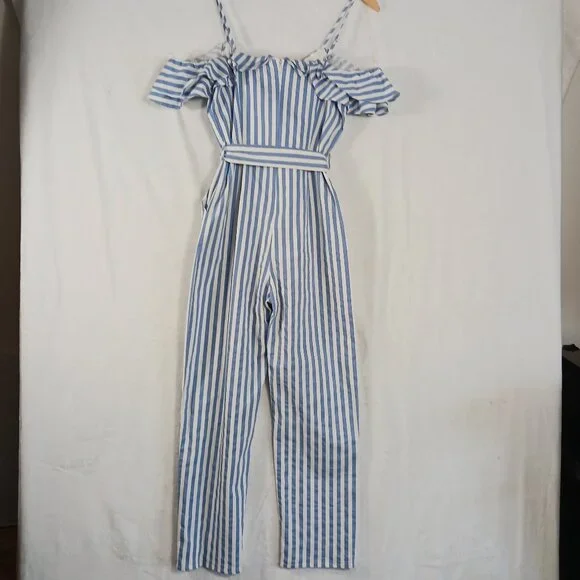 Main Strip, Blue & White Stripe, Off Shoulder Jumpsuit, Spaghetti Straps, Medium - Picture 8 of 14